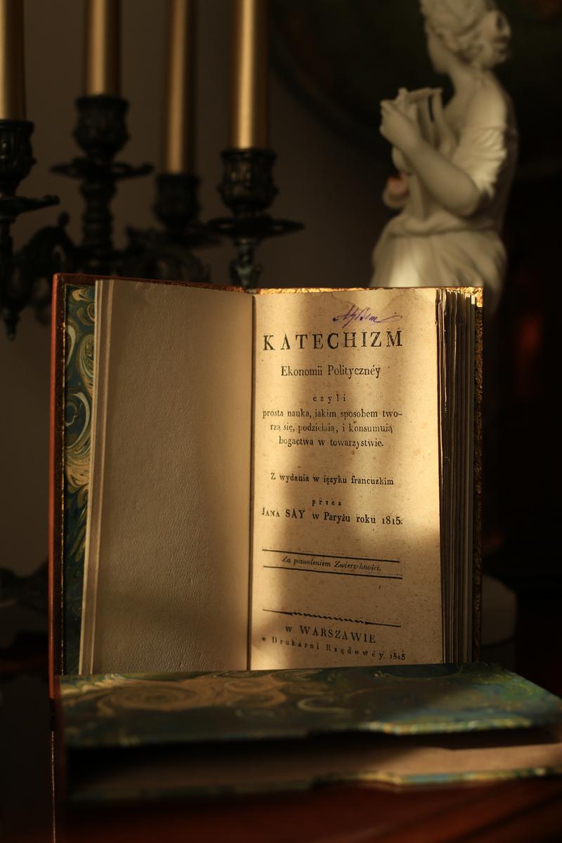 Książka Say Katechizm Ekonomii Politycznej z 1815 roku w oprawie w pełną skórę.